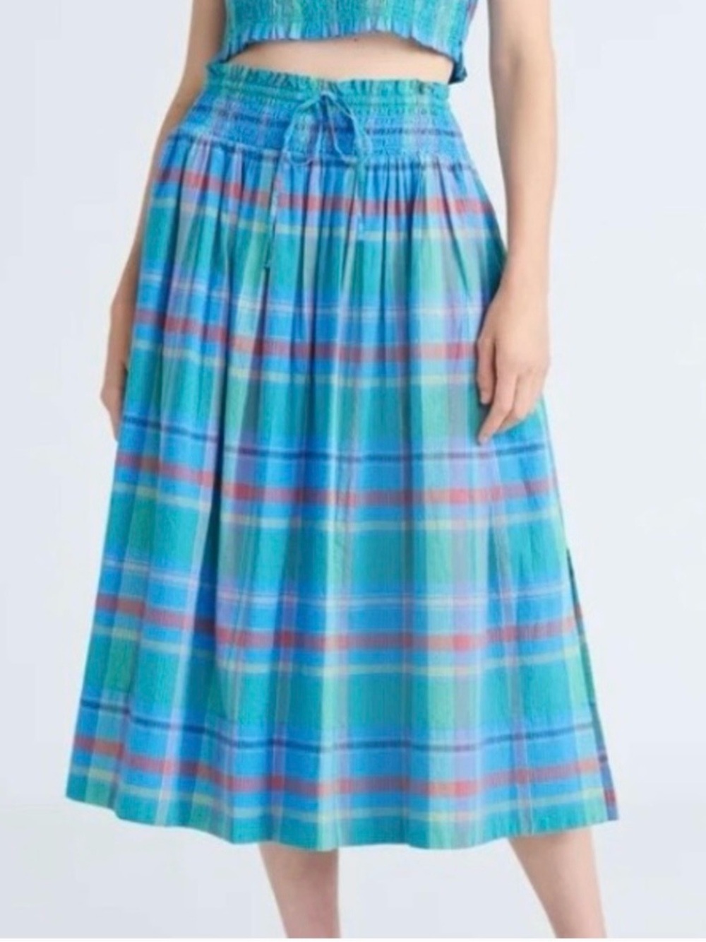 NWT Free Assembly Blue-Green Plaid Midi Skirt with Elastic Waist, size Medium